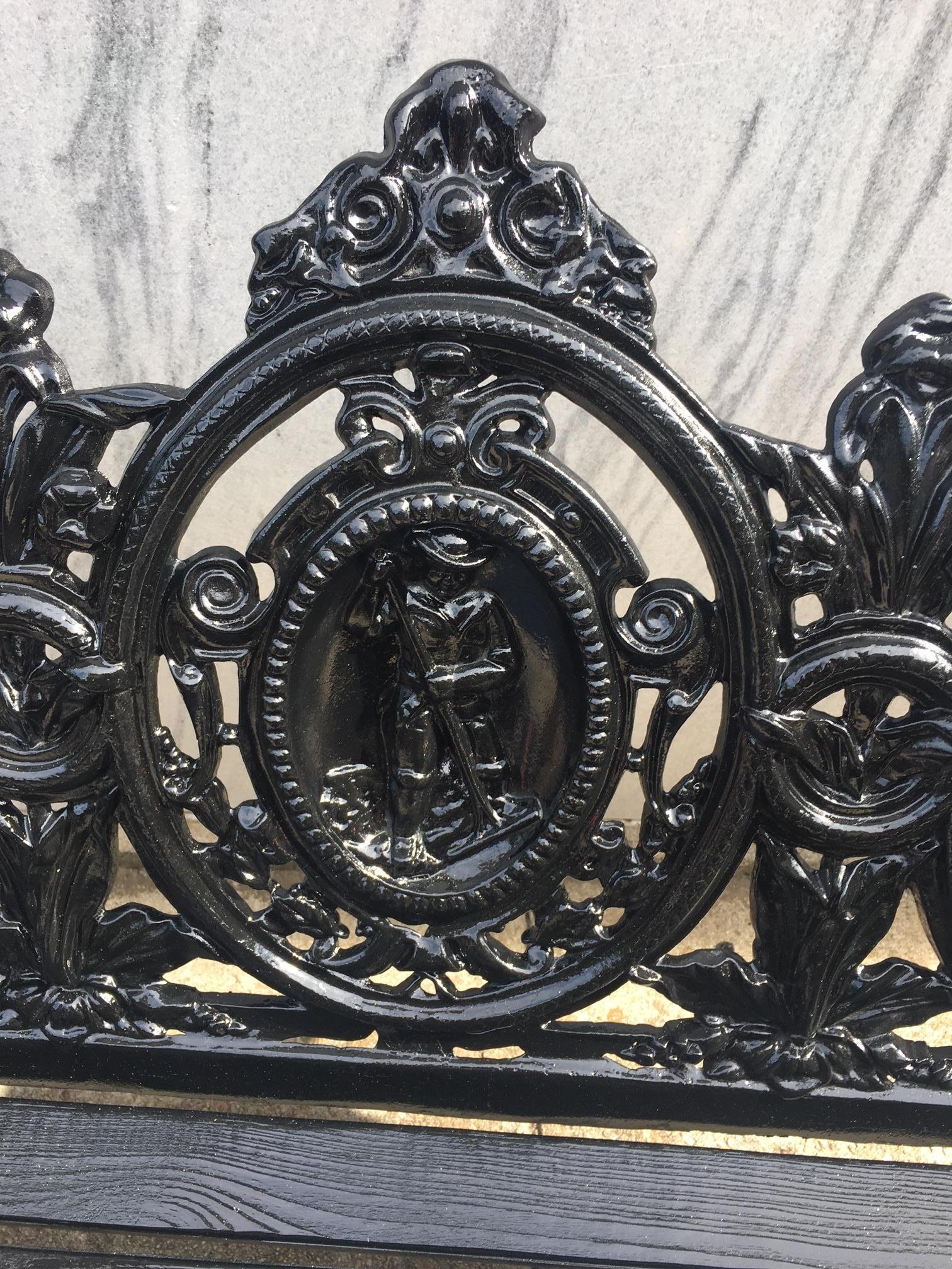 Victorian Cast Iron Three Paneled Ornate Garden Bench with Pine Slat Seat For Sale 8