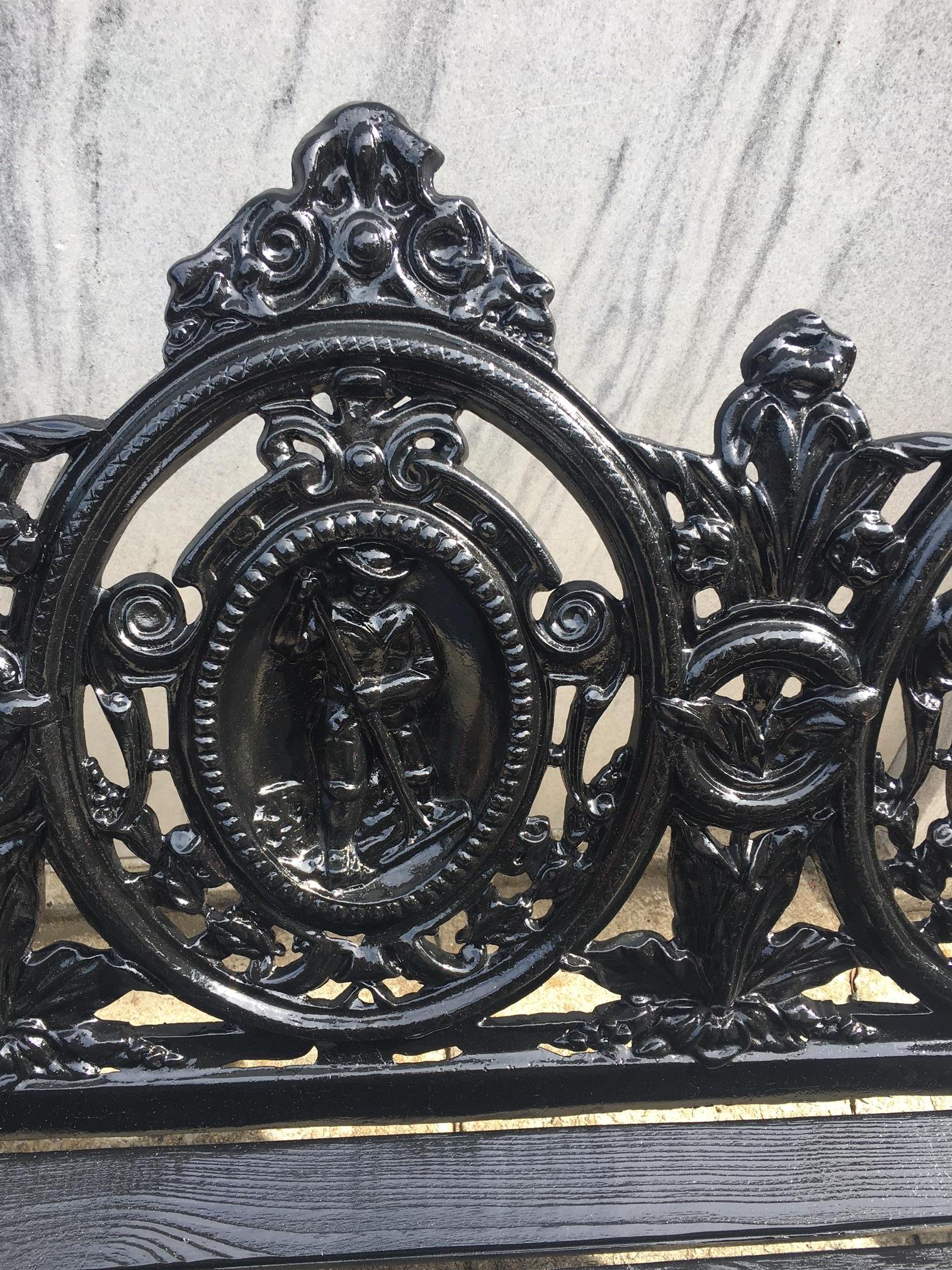 Victorian Cast Iron Three Paneled Ornate Garden Bench with Pine Slat Seat For Sale 9