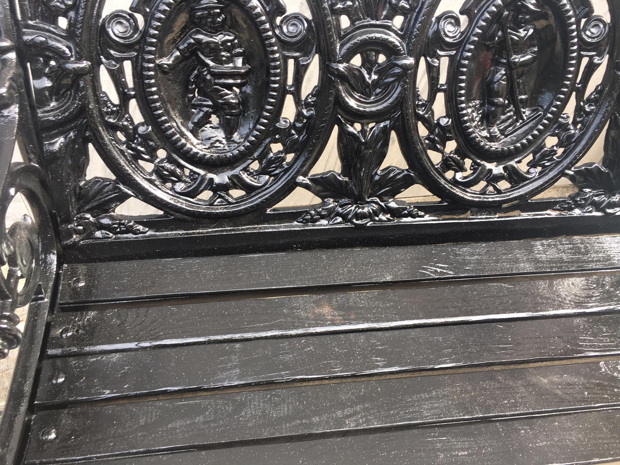 High Victorian Victorian Cast Iron Three Paneled Ornate Garden Bench with Pine Slat Seat For Sale