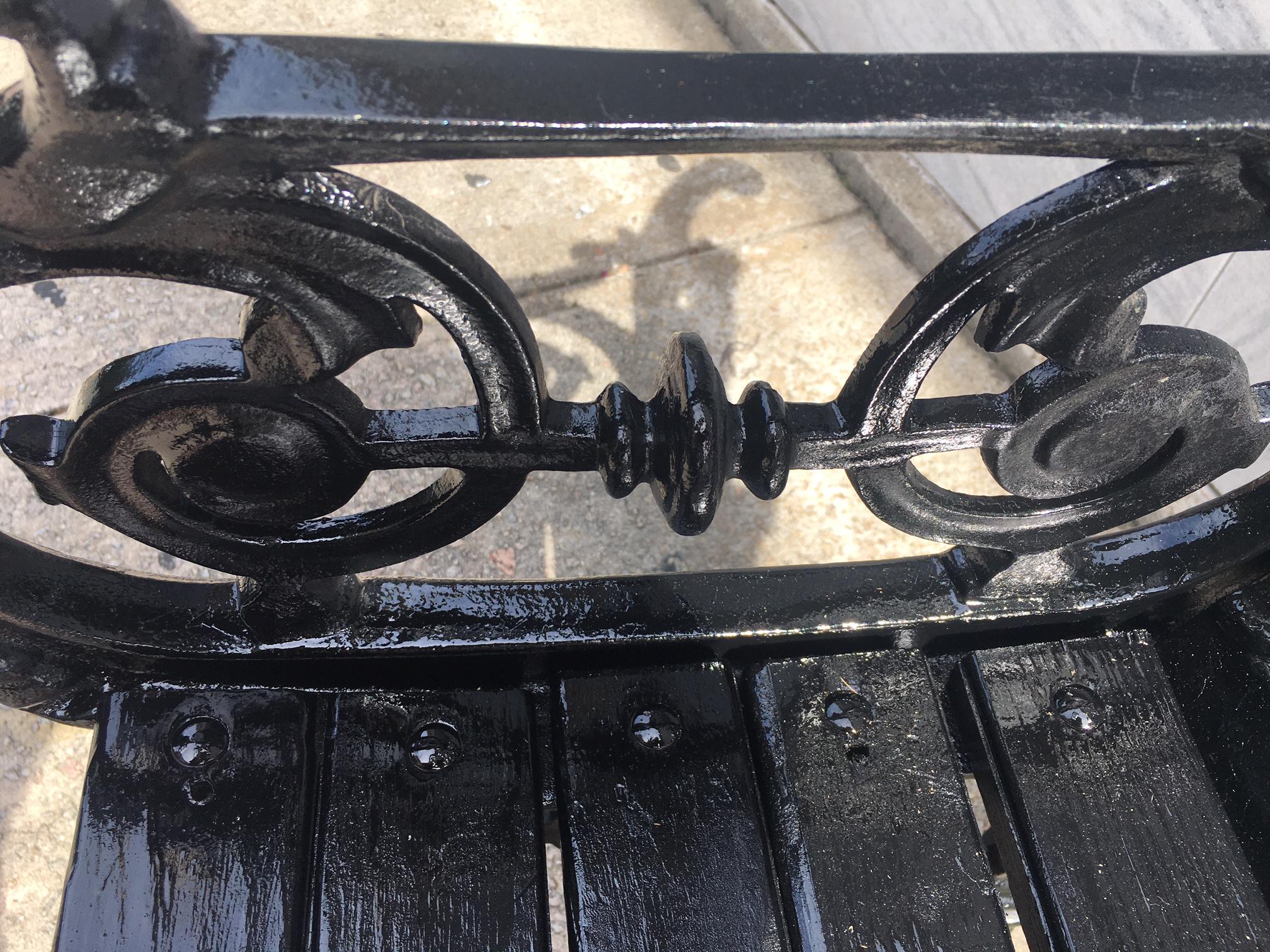 19th Century Victorian Cast Iron Three Paneled Ornate Garden Bench with Pine Slat Seat For Sale