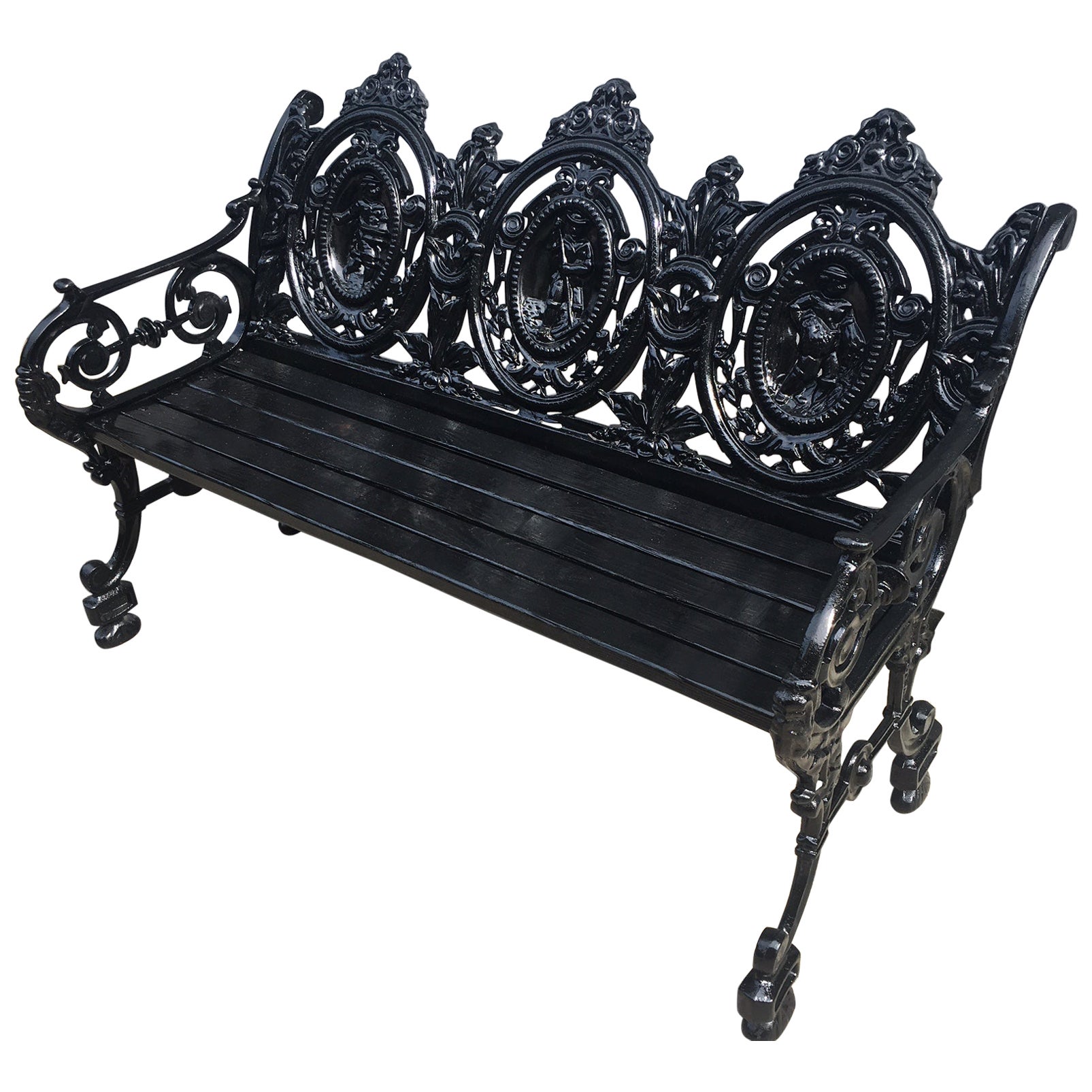 Victorian Cast Iron Three Paneled Ornate Garden Bench with Pine Slat Seat For Sale