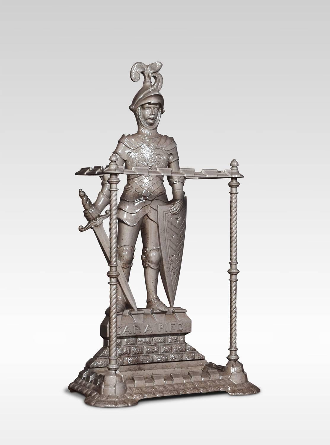 Victorian cast iron umbrella and stick stand, the back cast in the form of a knight in armour with shield and sword standing on a wall cast ‘Cap a Pied. The base fitted with drip tray.
Dimensions:
Height 35.5 inches
Width 19.5 inches
Depth 10