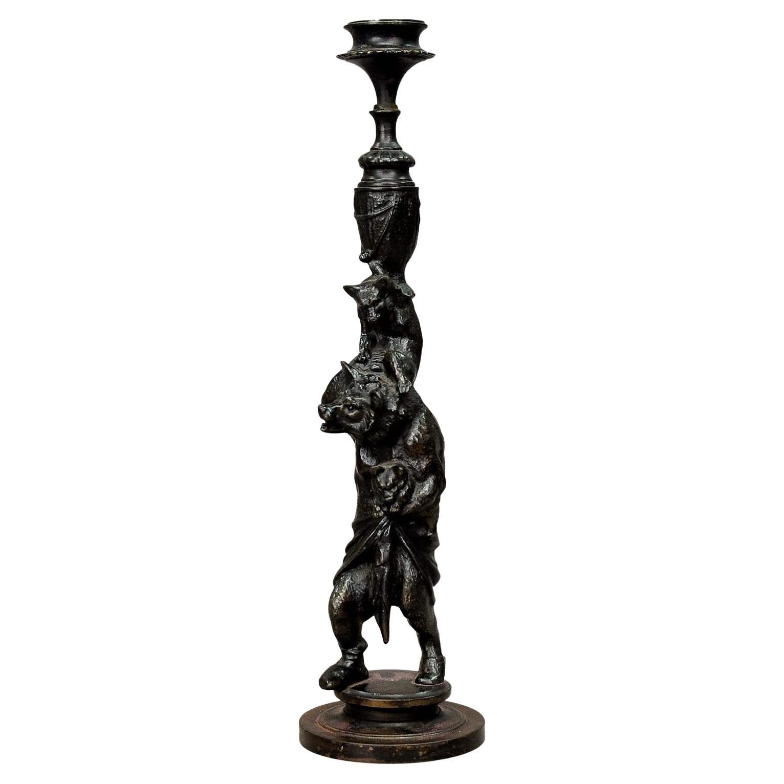 Victorian Casted Iron Candle Stick with Bears For Sale