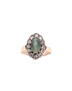 Victorian cat eye and diamond ring in 18k, antique cluster diamond ring