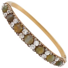 Victorian Cat's Eye and Diamond Bangle Bracelet