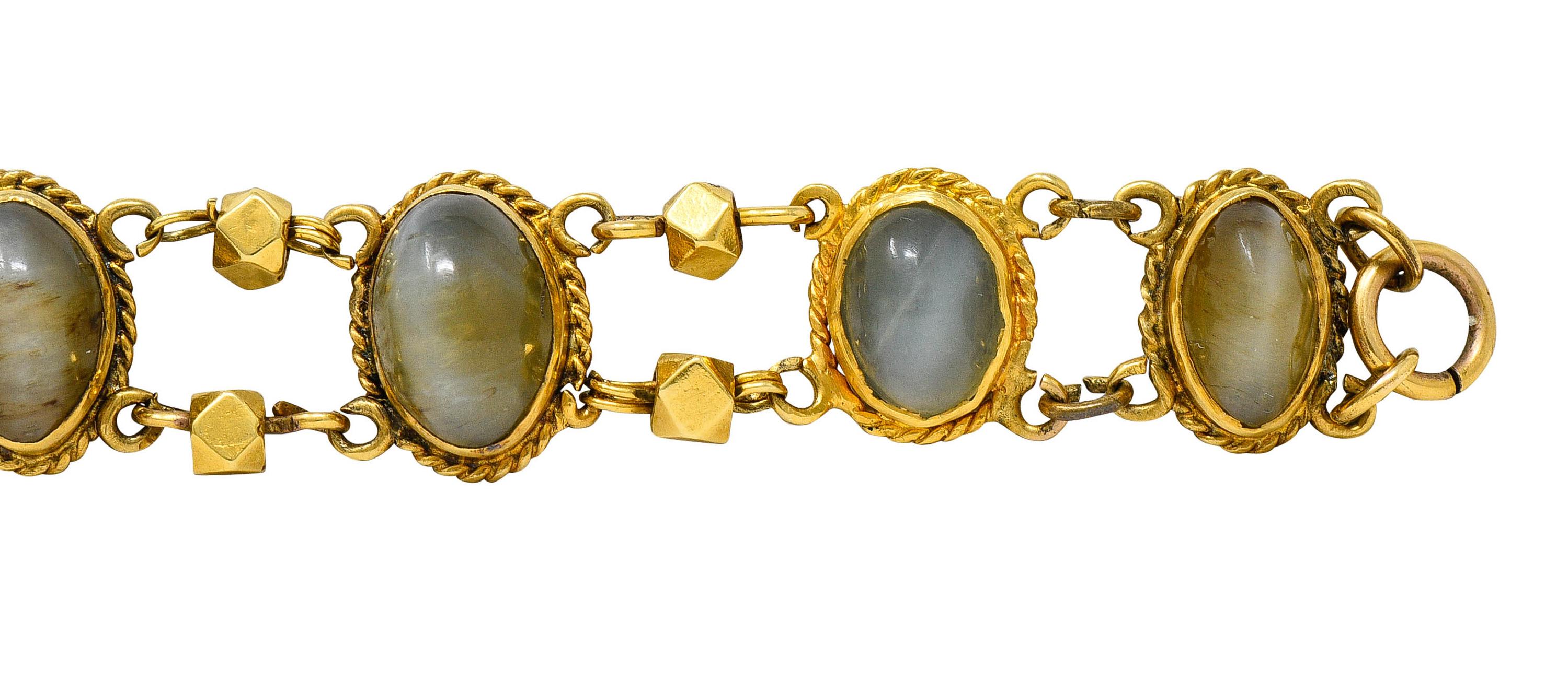 Victorian Cat's Eye Chrysoberyl 18 Karat Yellow Gold Link Bracelet In Excellent Condition In Philadelphia, PA