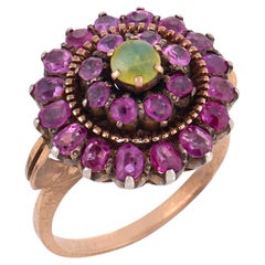 Victorian cats eye chrysoberyl ruby low karat gold and silver halo ring