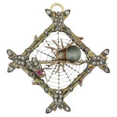 Victorian Cat's Eye Ruby and Diamond Spider Web Brooch