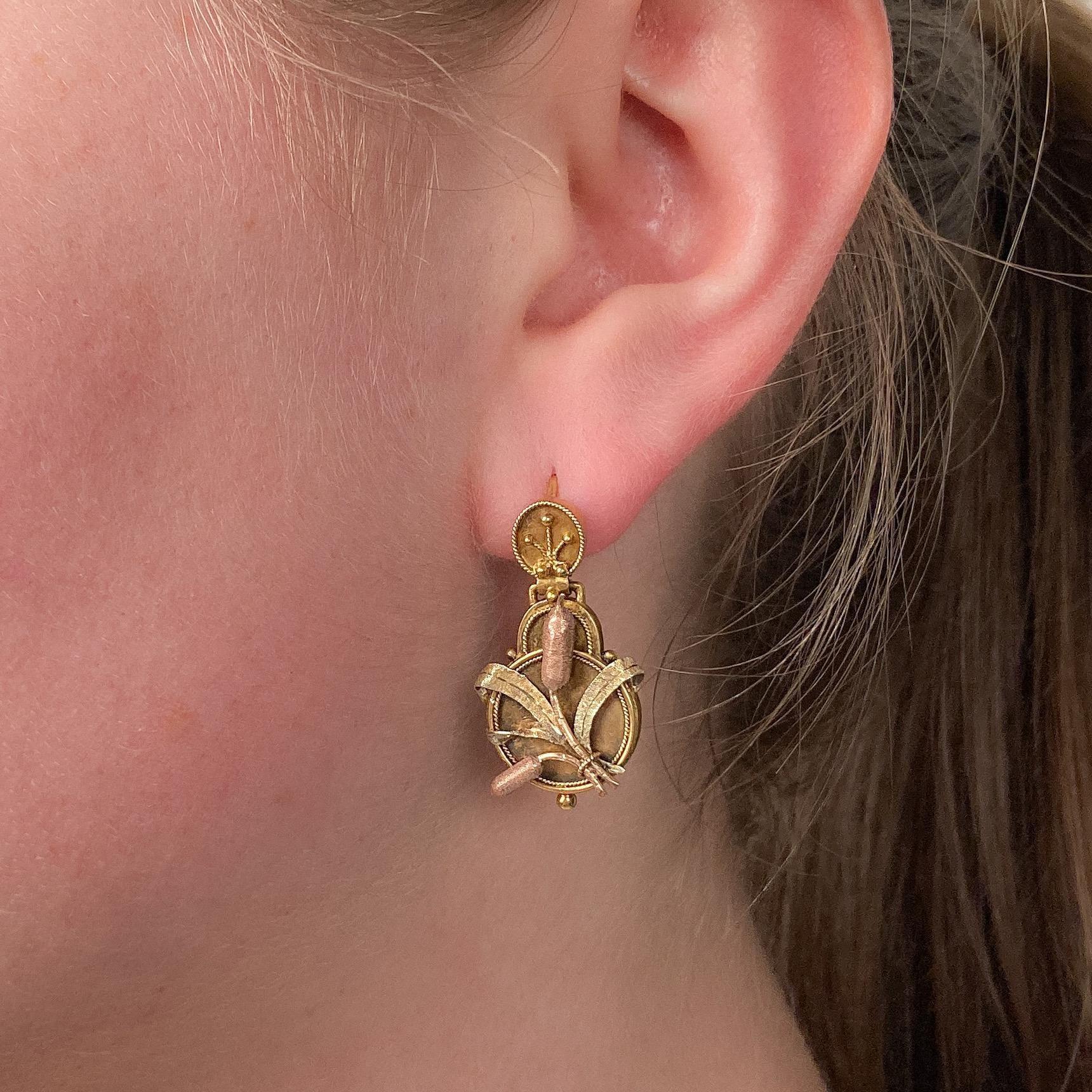 Victorian Cattail Earrings of 14k Gold For Sale 1