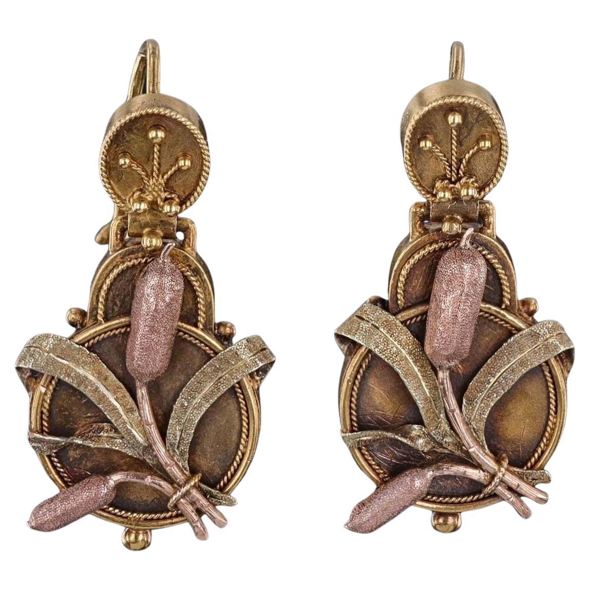 Victorian Cattail Earrings of 14k Gold For Sale