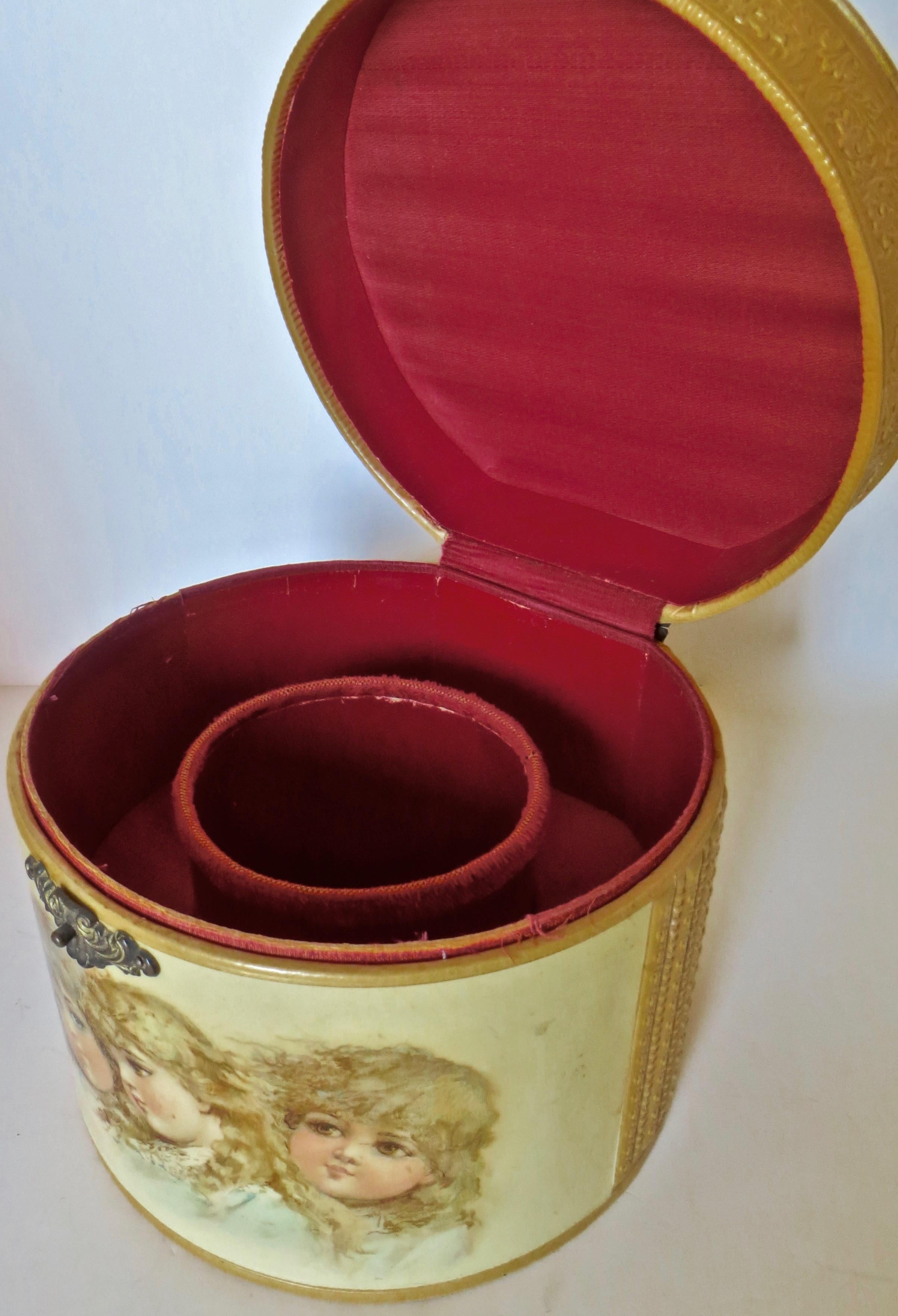 A very unusual and unique item, this Victorian Celluloid collar box is seldom found or even identified as such. The beige colored collar box is highly lithographed in great detail with lifelike colors and a cream colored background. The facing