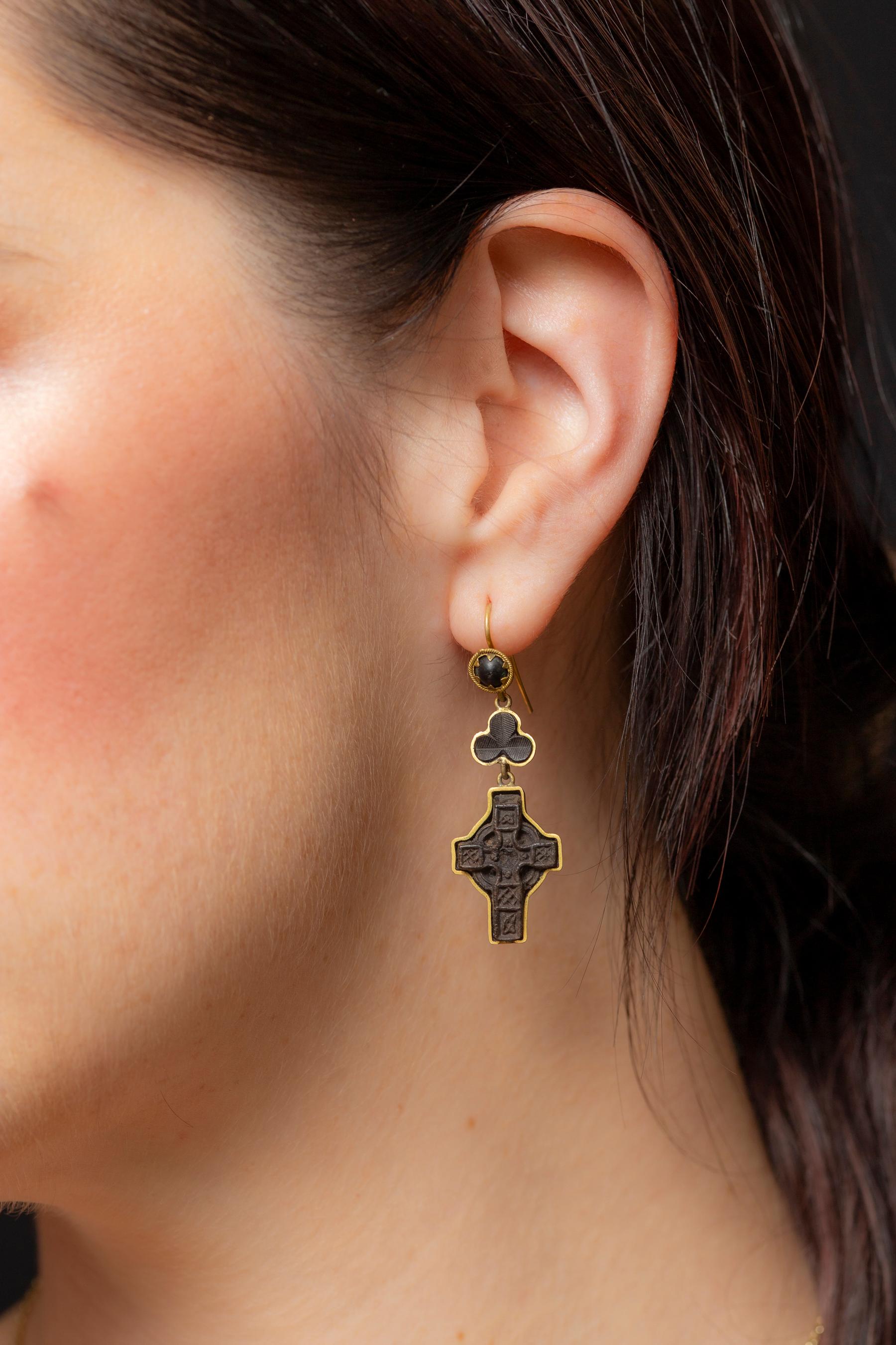 Women's or Men's Victorian Celtic Engraved Cross Earrings of Bog Oak and Pinch Gold Ear Wires For Sale