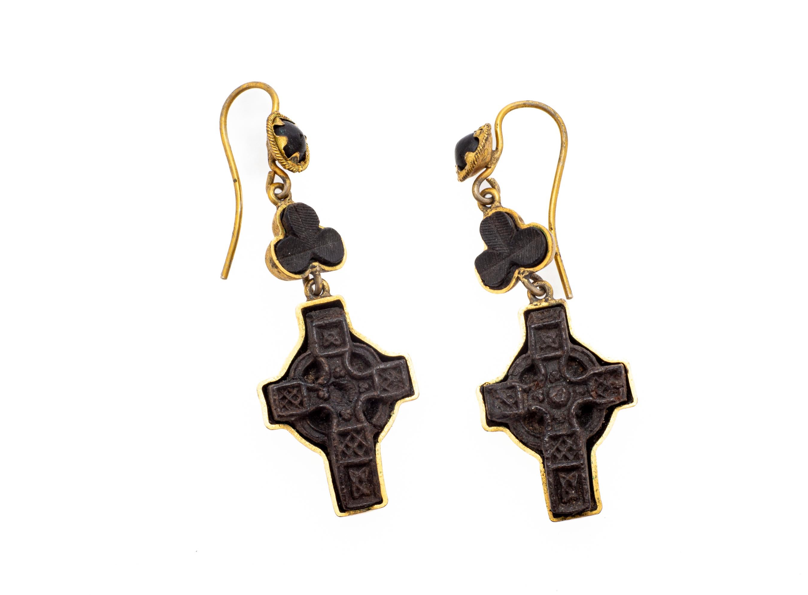 Victorian Celtic Engraved Cross Earrings of Bog Oak and Pinch Gold Ear Wires For Sale 1