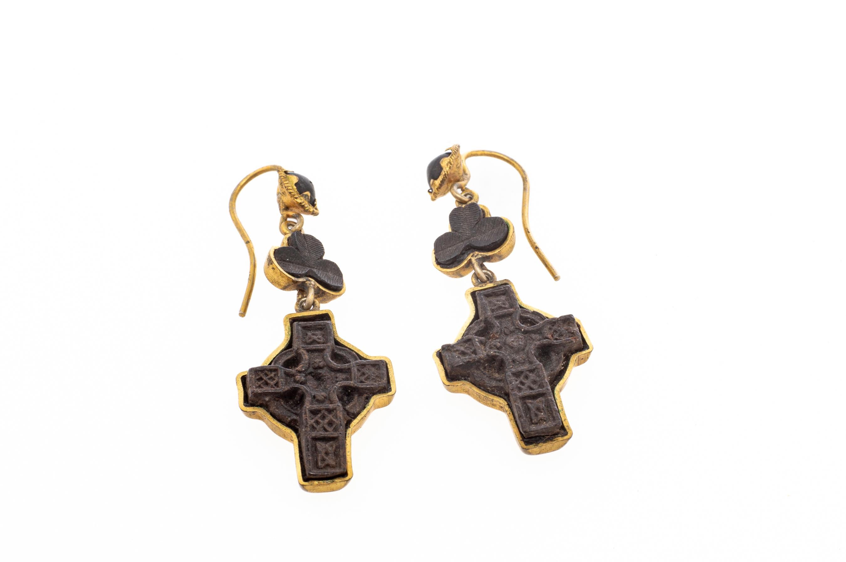 Victorian Celtic Engraved Cross Earrings of Bog Oak and Pinch Gold Ear Wires For Sale 2