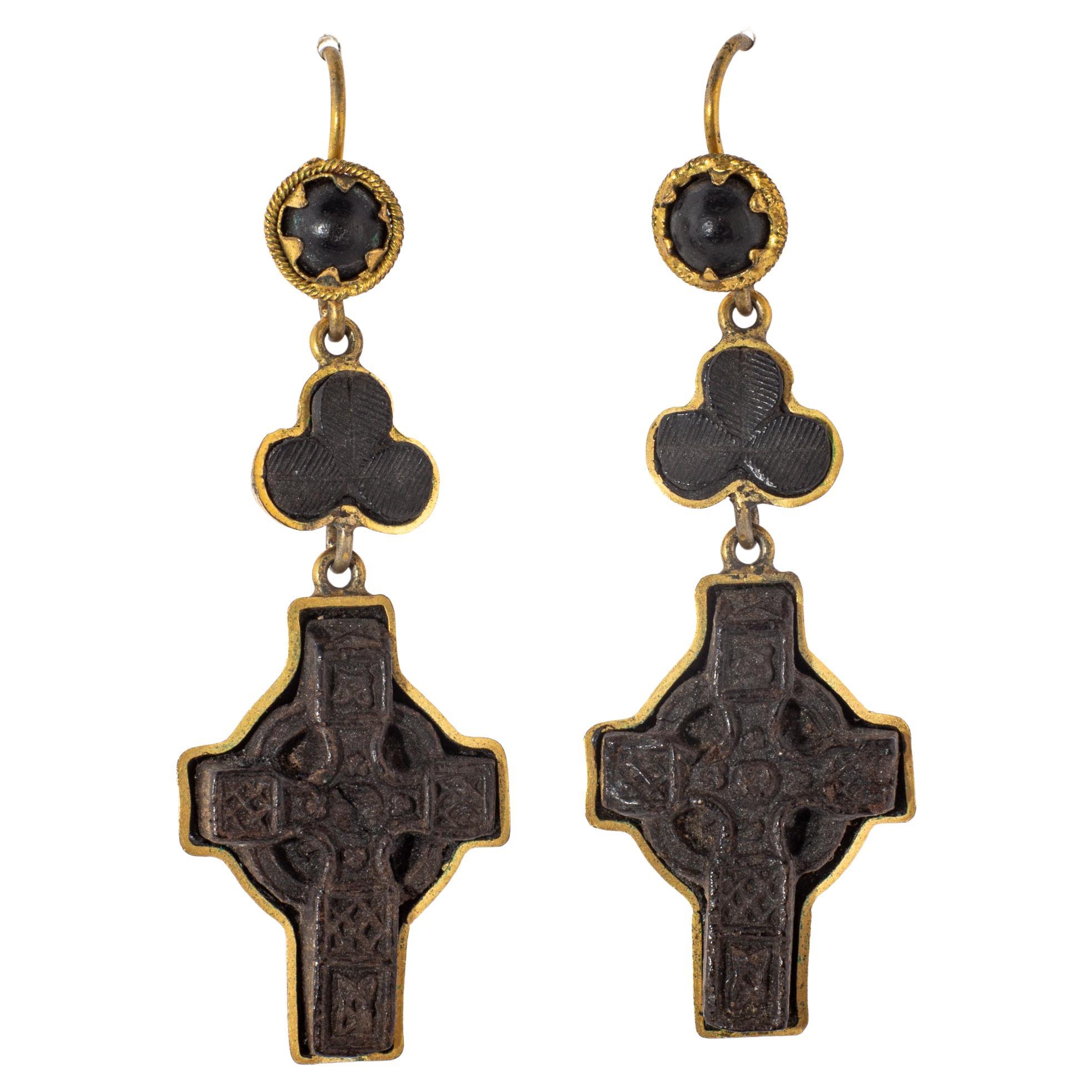 Victorian Celtic Engraved Cross Earrings of Bog Oak and Pinch Gold Ear Wires For Sale
