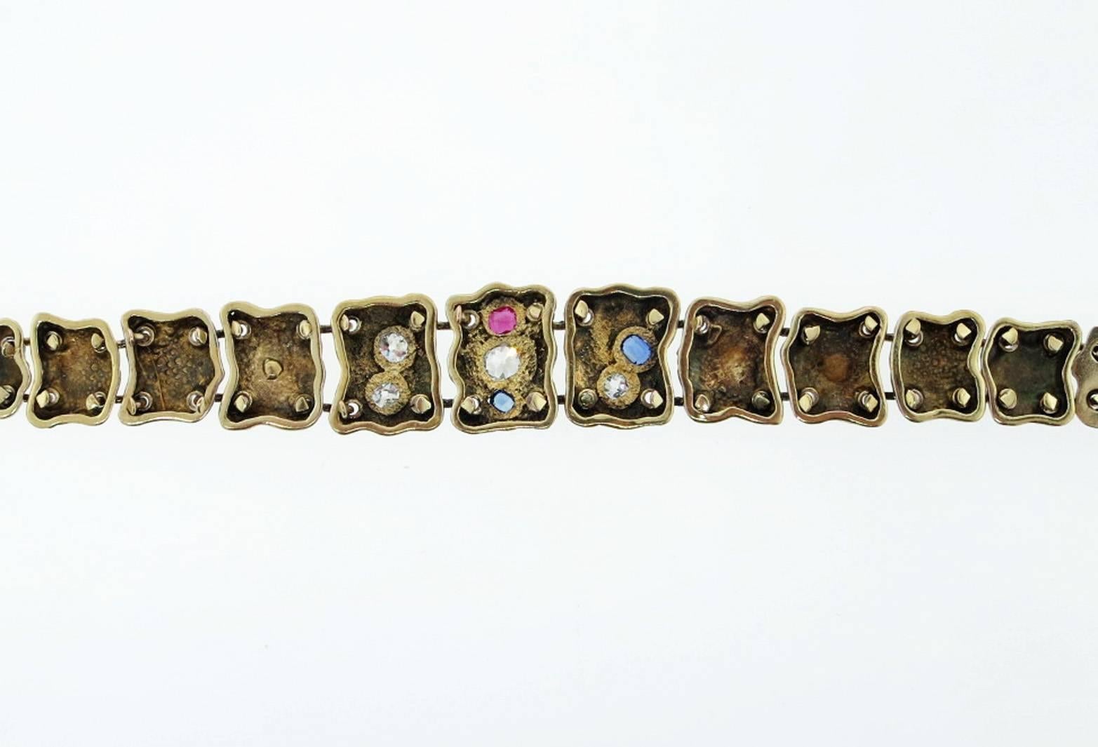 Old Mine Cut Victorian Centennial Ruby Diamond and Sapphire Bracelet, circa 1876 For Sale