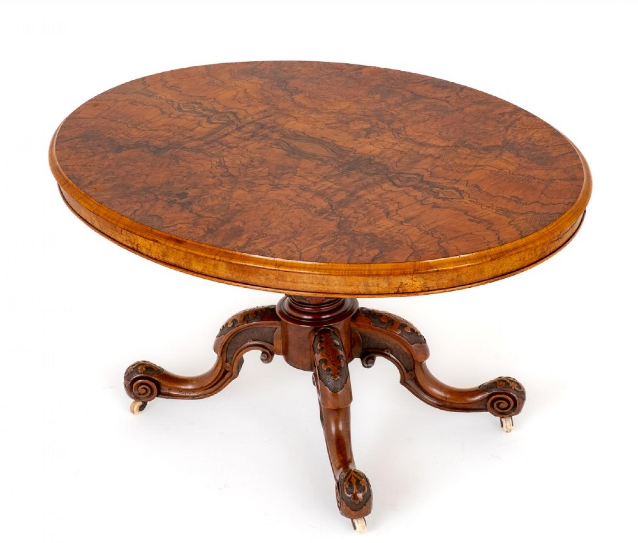 Excellent quality victorian burr walnut centre table.
The Oval Top of this Table Featuring the Most Wonderful Matched Burr Walnut Veneers.
circa 1860
The Table is Raised Upon 4 Shaped and Carved Legs with Porcelain Castors and a Shaped and Carved