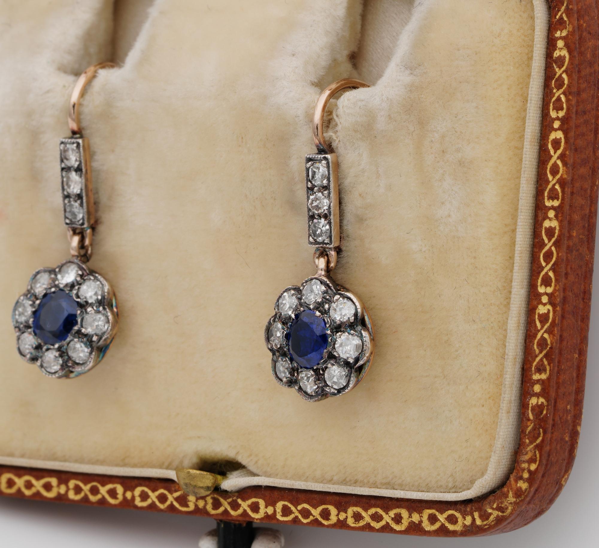 Women's Victorian Cert. 1.0 Ct Burma Sapphire 1.80 Ct Old Mine Diamond Sweet Drop Earrin
