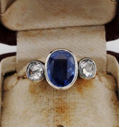 Victorian Certified 3.59 Ct No Heat Ceylon Sapphire 1.0 Ct Diamond Trilogy Ring