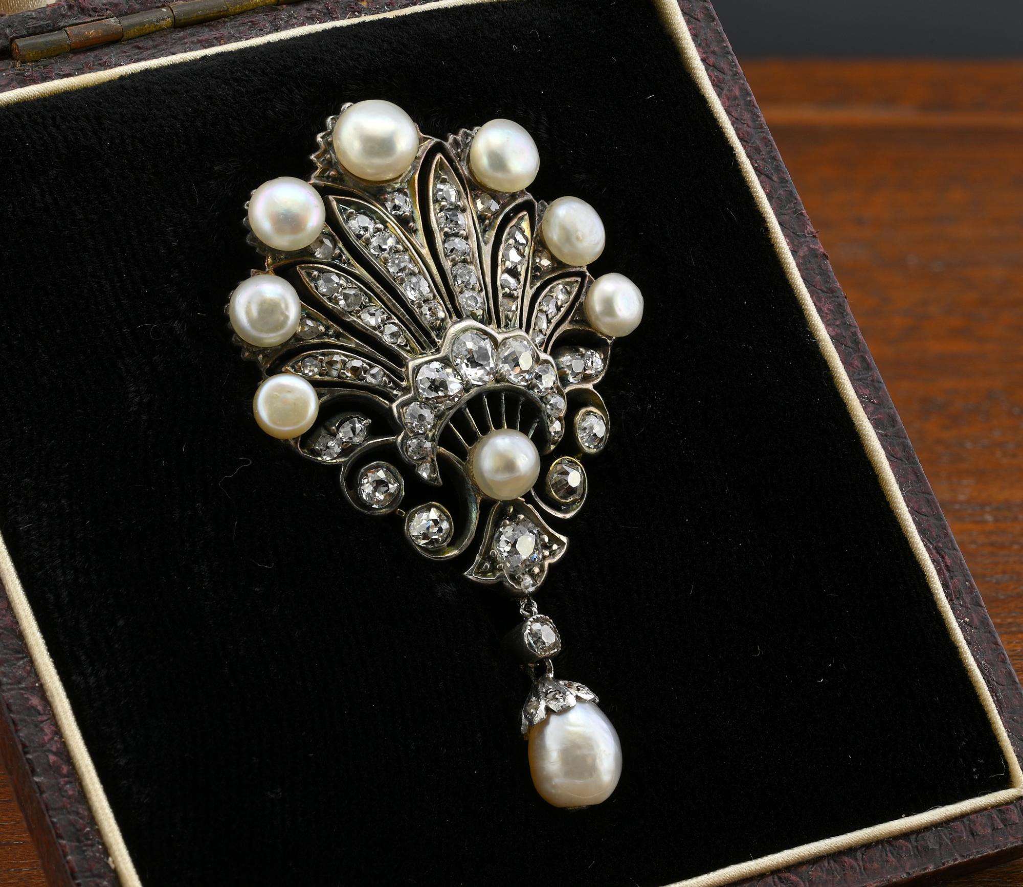 Old Mine Cut Victorian Certified Natural Pearl 1.60 Ct Diamond Brooch For Sale
