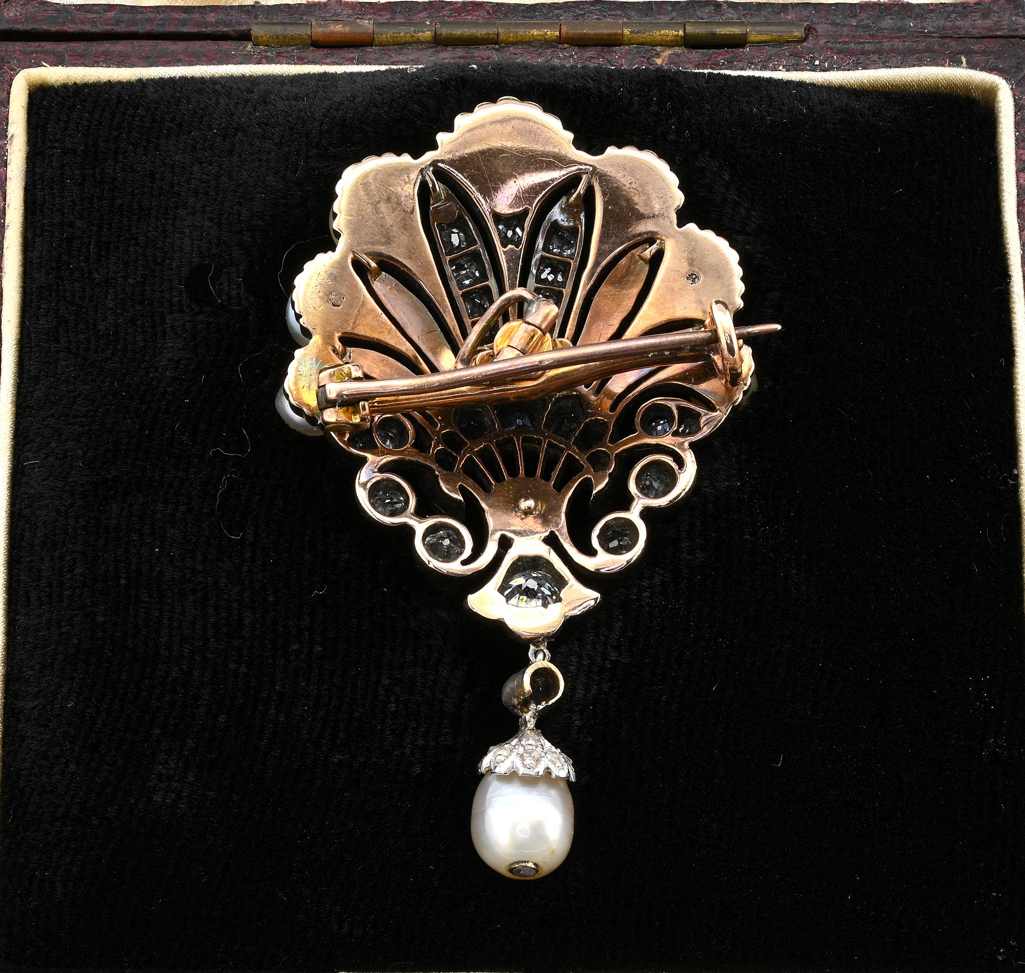 Women's or Men's Victorian Certified Natural Pearl 1.60 Ct Diamond Brooch For Sale