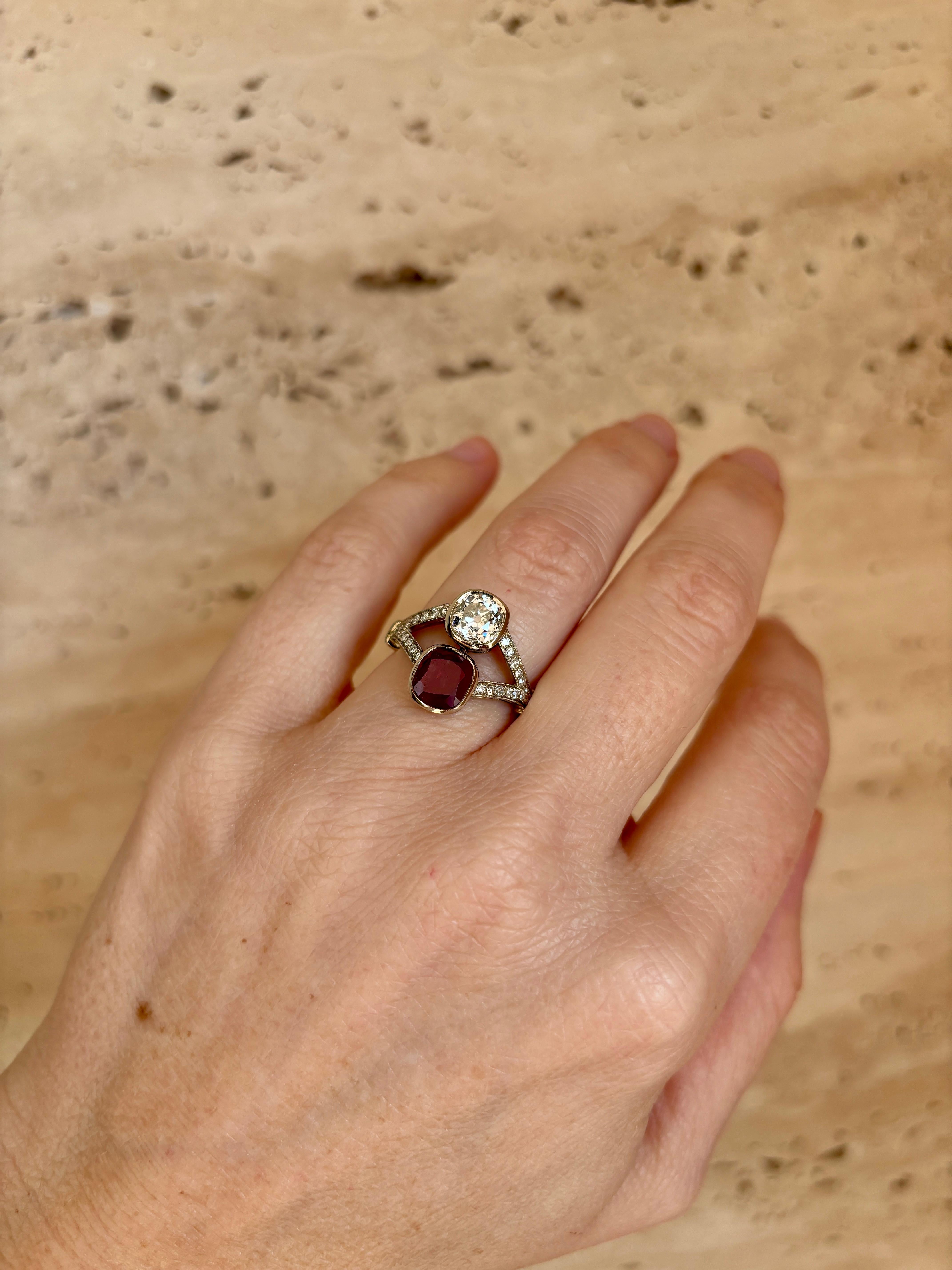 Victorian Certified Natural Unheated Ruby Diamond Vous et Moi Ring For Sale 6