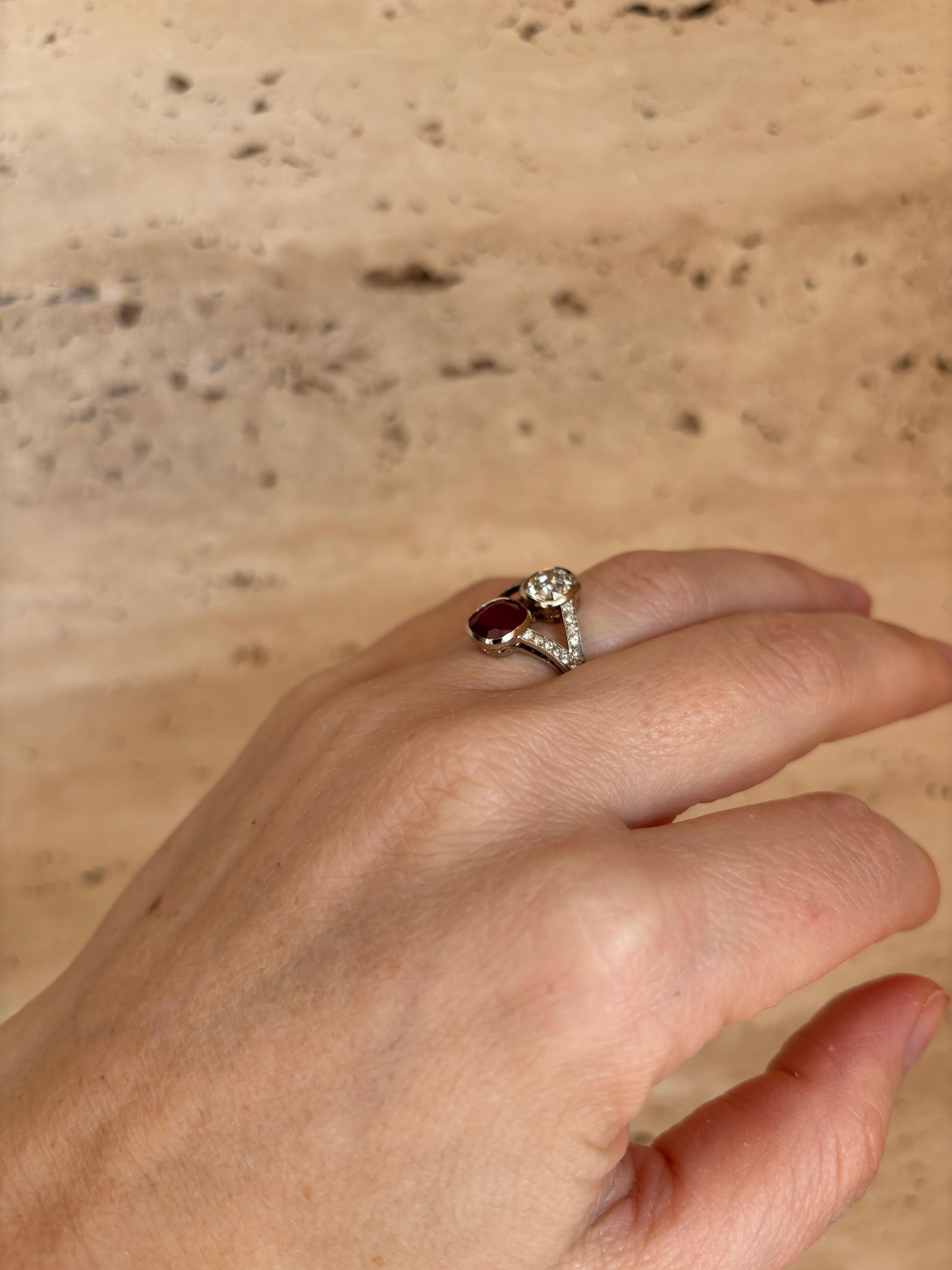 Victorian Certified Natural Unheated Ruby Diamond Vous et Moi Ring For Sale 7