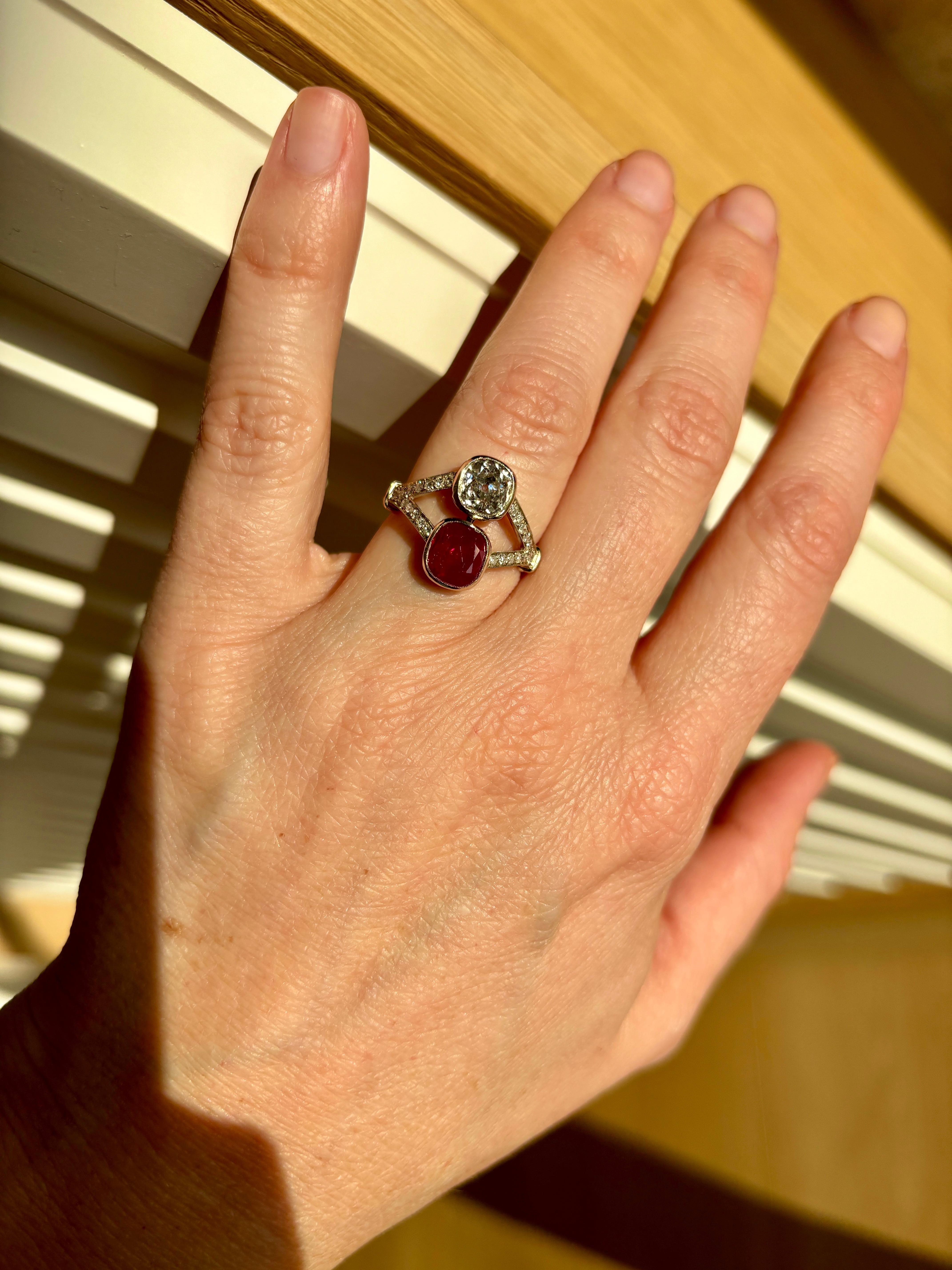 Victorian Certified Natural Unheated Ruby Diamond Vous et Moi Ring For Sale 8