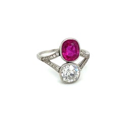 Victorian Certified Natural Unheated Ruby Diamond Vous et Moi Ring