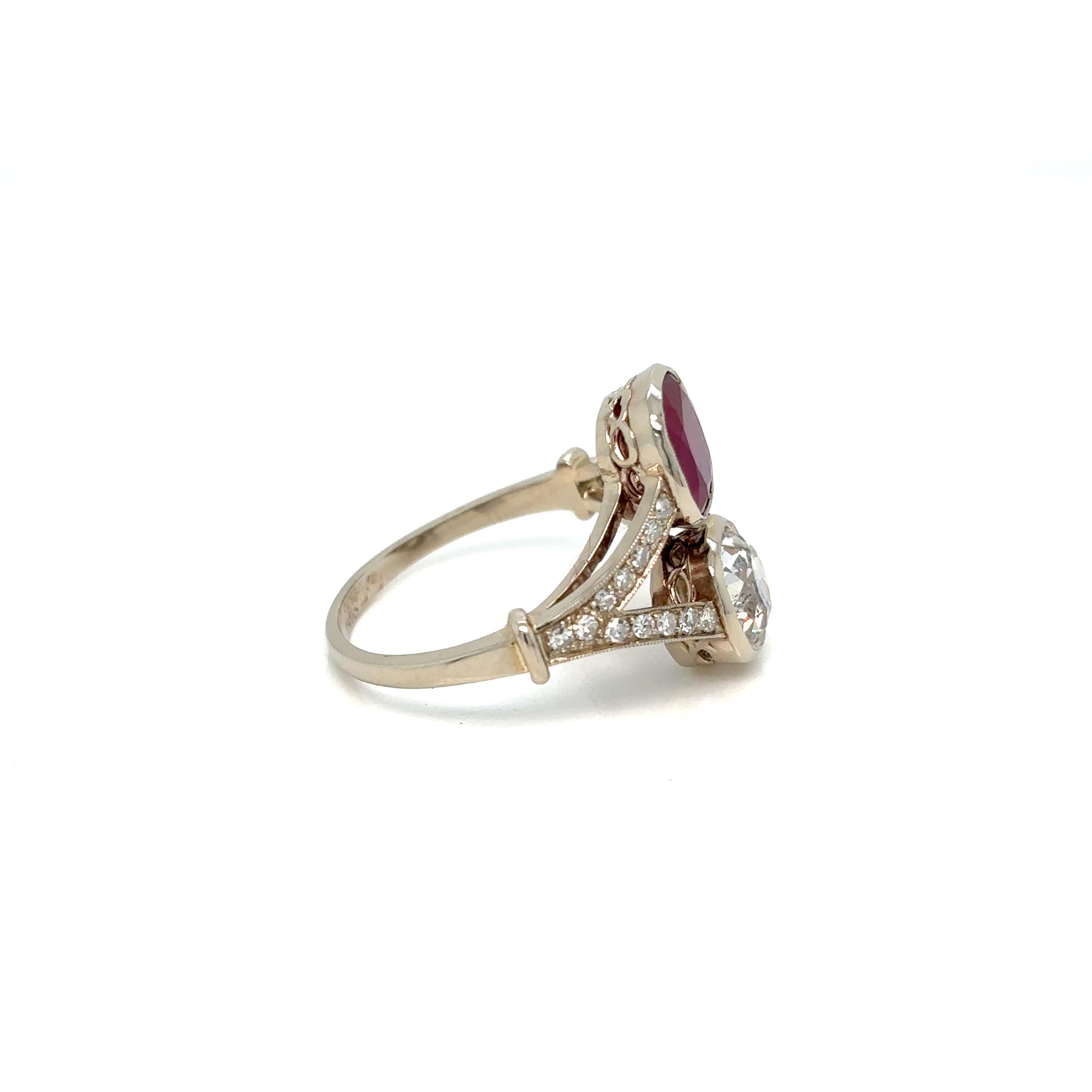 Antique Cushion Cut Victorian Certified Natural Unheated Ruby Diamond Vous et Moi Ring For Sale