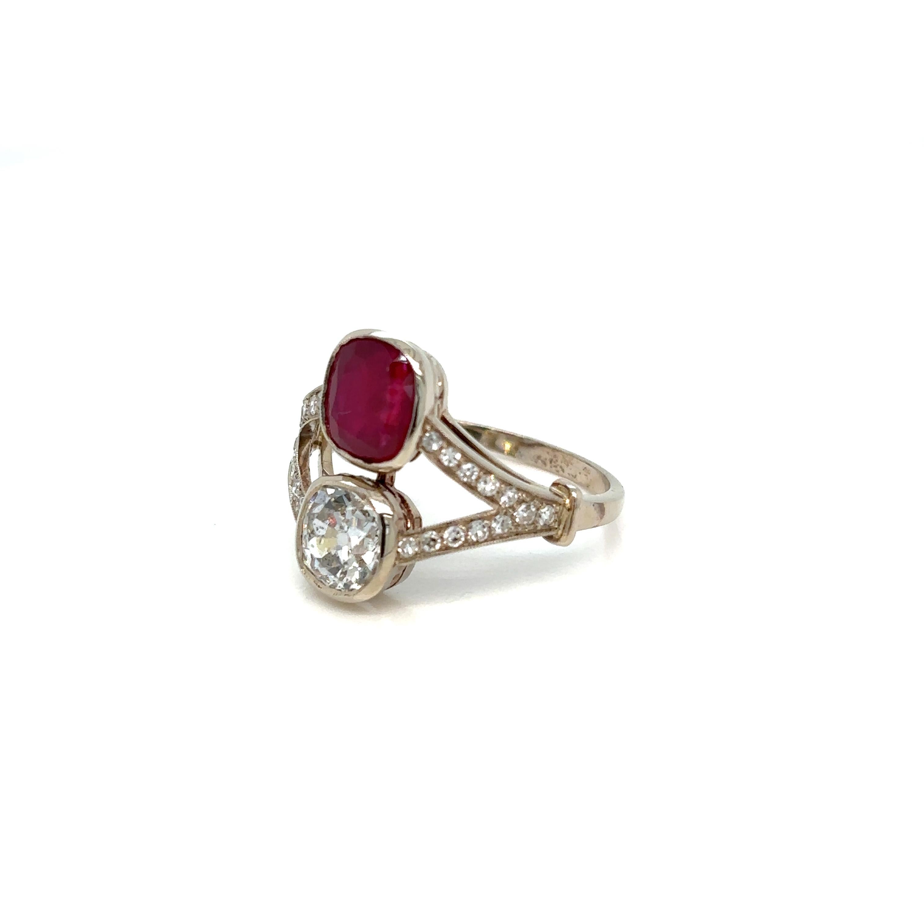 Women's Victorian Certified Natural Unheated Ruby Diamond Vous et Moi Ring For Sale