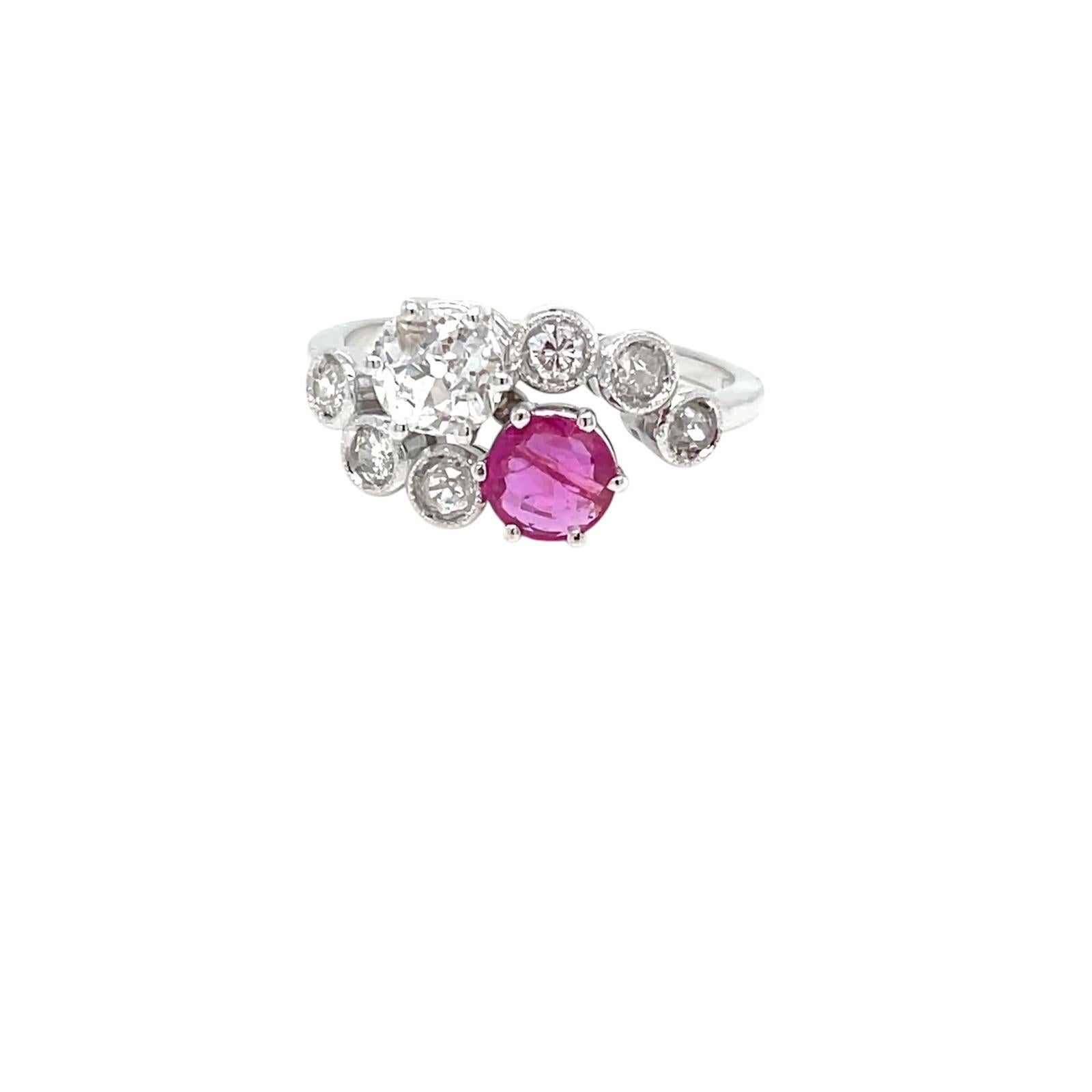 Women's or Men's Victorian Certified Natural Unheated Ruby Diamond Vous et Moi Ring For Sale