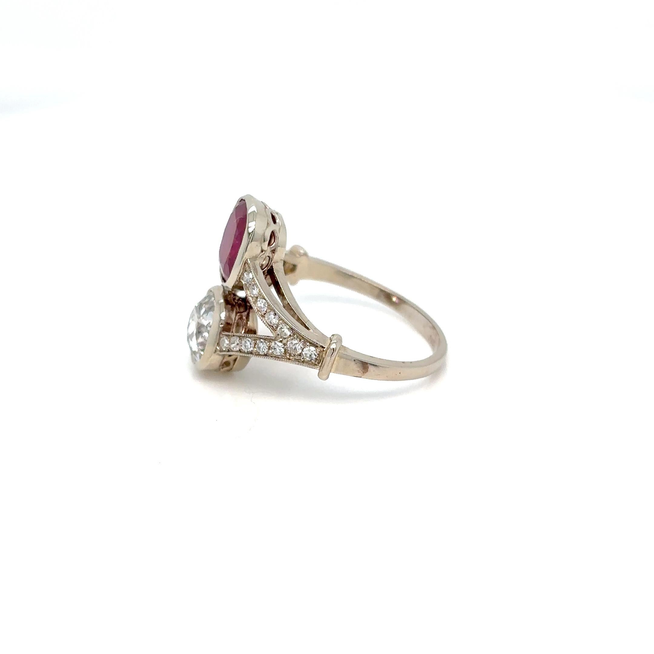 Victorian Certified Natural Unheated Ruby Diamond Vous et Moi Ring For Sale 2