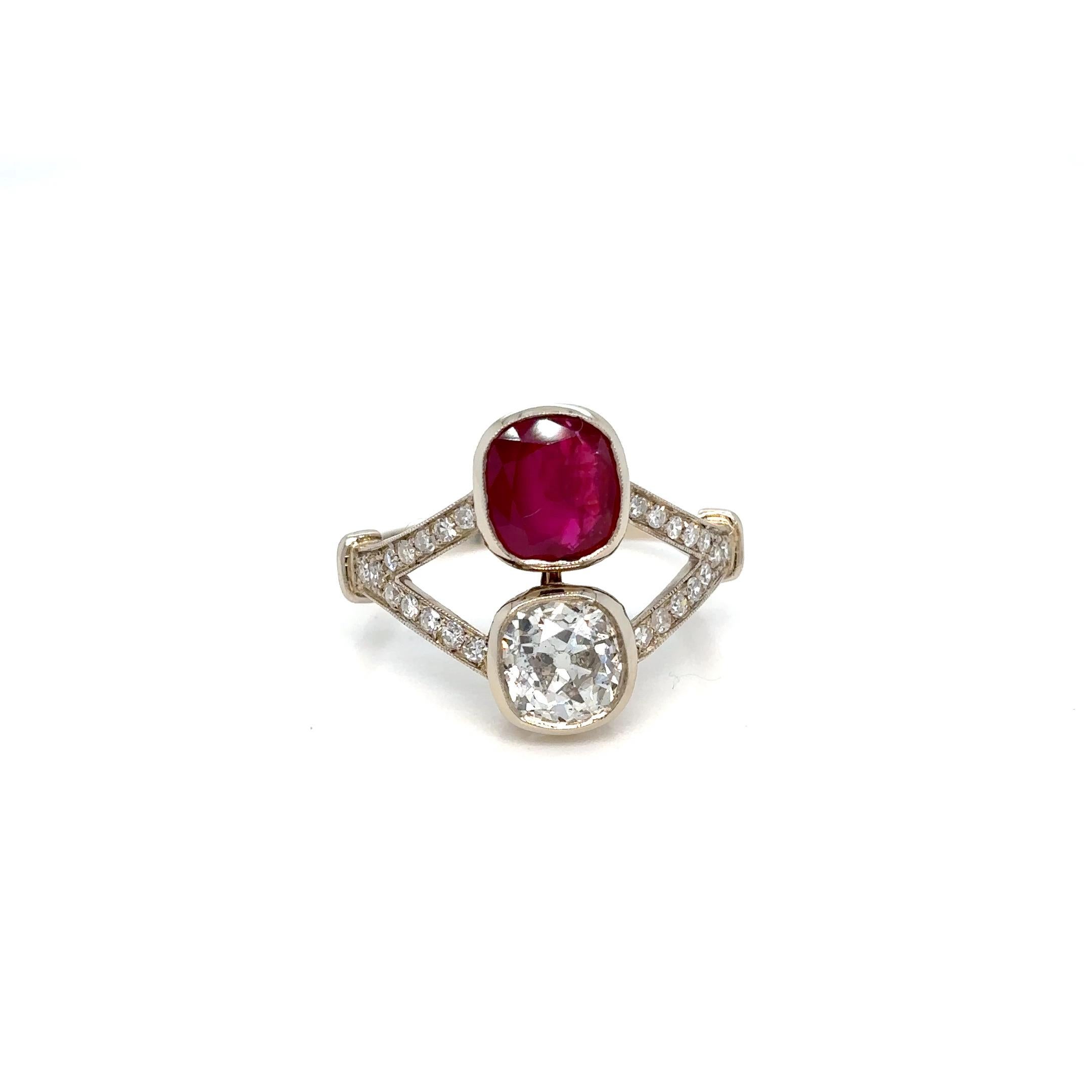 Victorian Certified Natural Unheated Ruby Diamond Vous et Moi Ring For Sale 3