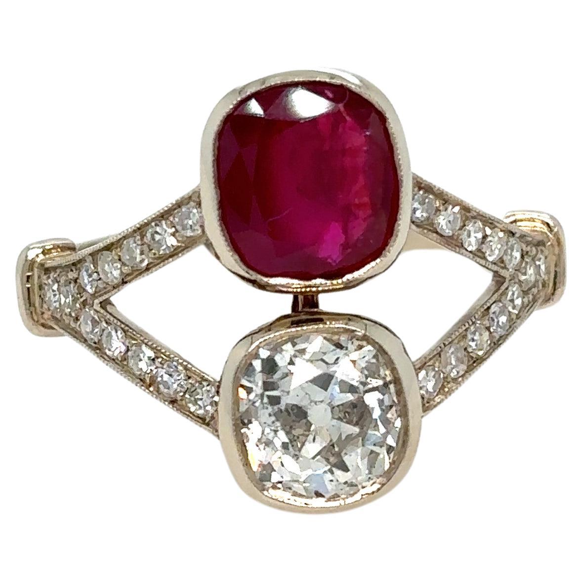 Victorian Certified Natural Unheated Ruby Diamond Vous et Moi Ring