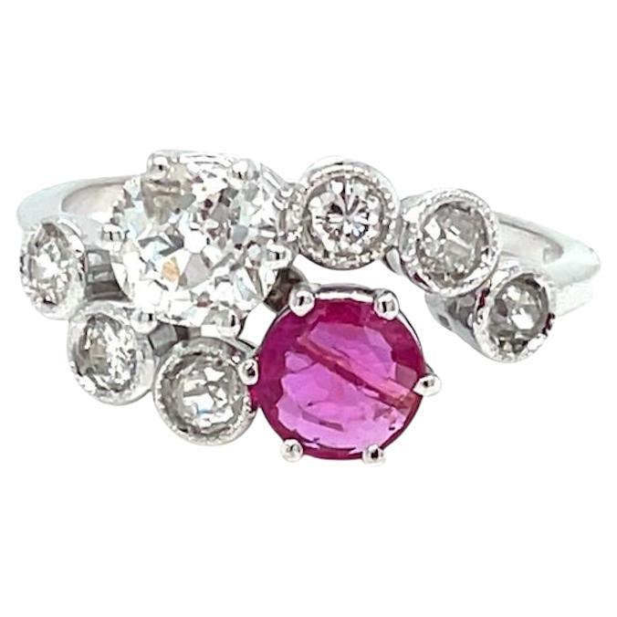 Victorian Certified Natural Unheated Ruby Diamond Vous et Moi Ring