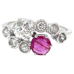 Anello vittoriano certificato con rubino naturale non riscaldato e diamante Vous et Moi