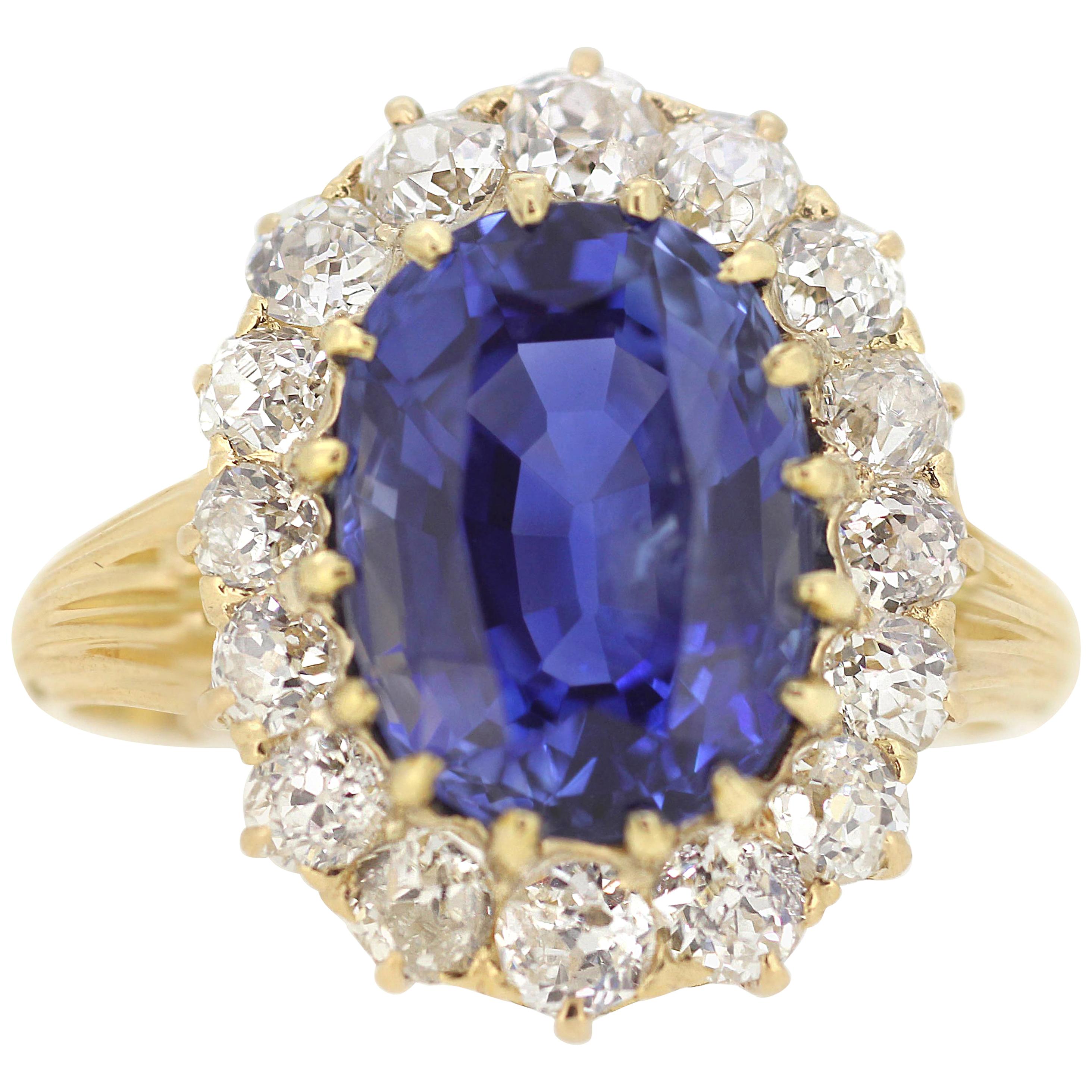 Certified Natural Sri Lanka Sapphire and Diamond Cluster Ring, Antique ...