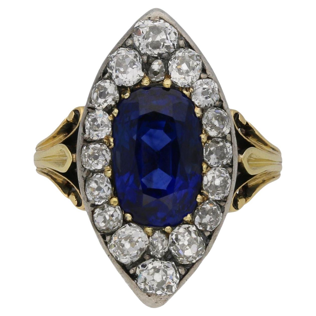 Victorian Ceylon sapphire and diamond marquise cluster ring, circa 1880.