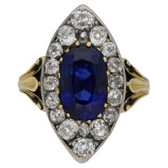 Victorian Ceylon sapphire and diamond marquise cluster ring, circa 1880.