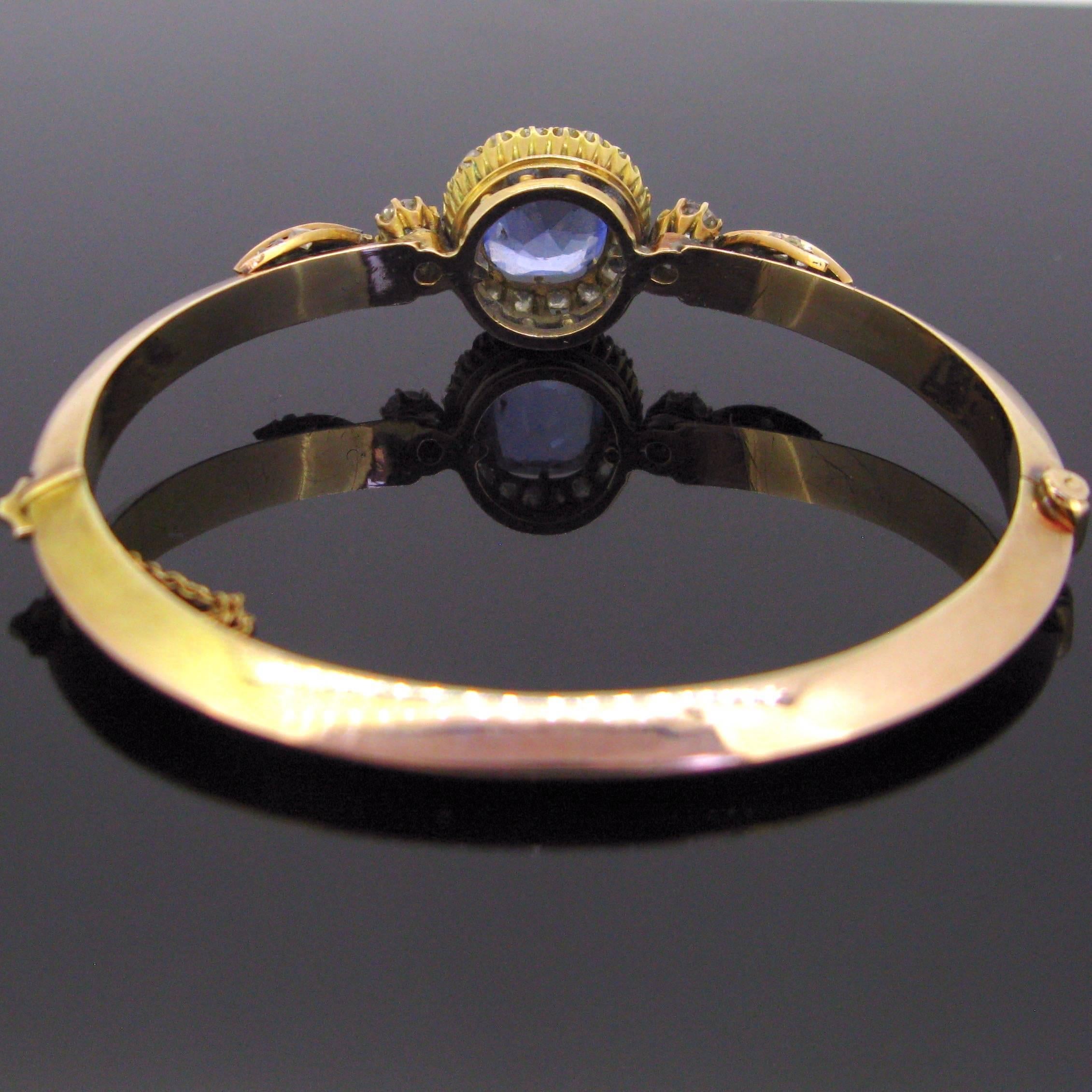 Old Mine Cut Victorian Ceylon Sapphire Diamonds Gold Bracelet Bangle