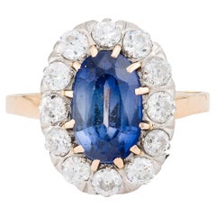 Bague victorienne en or jaune 14 carats, saphir de Ceylan et halo de diamants taille vieille mine