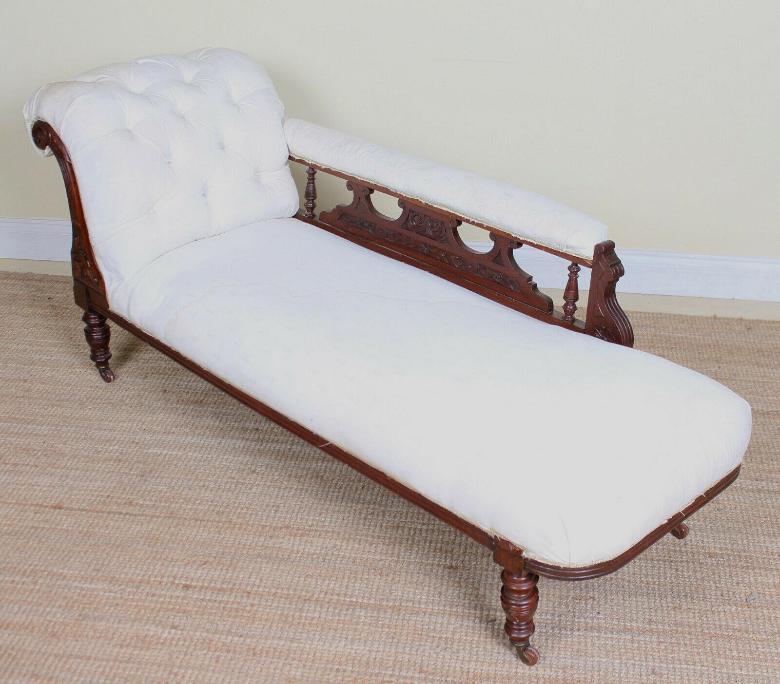 English Victorian Chaise Longue Sofa Carved Mahogany For Sale