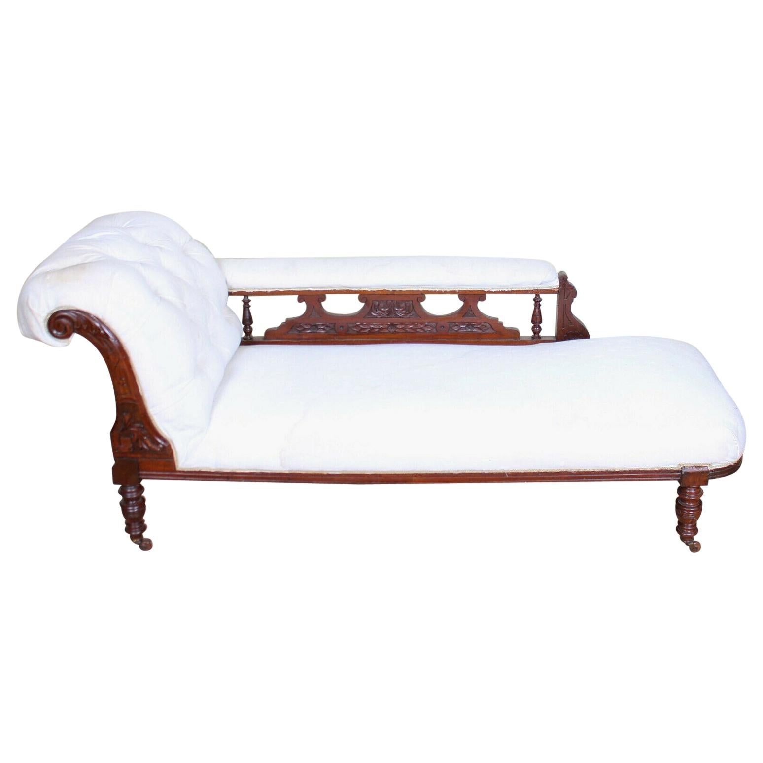 Victorian Chaise Longue Sofa Carved Mahogany For Sale