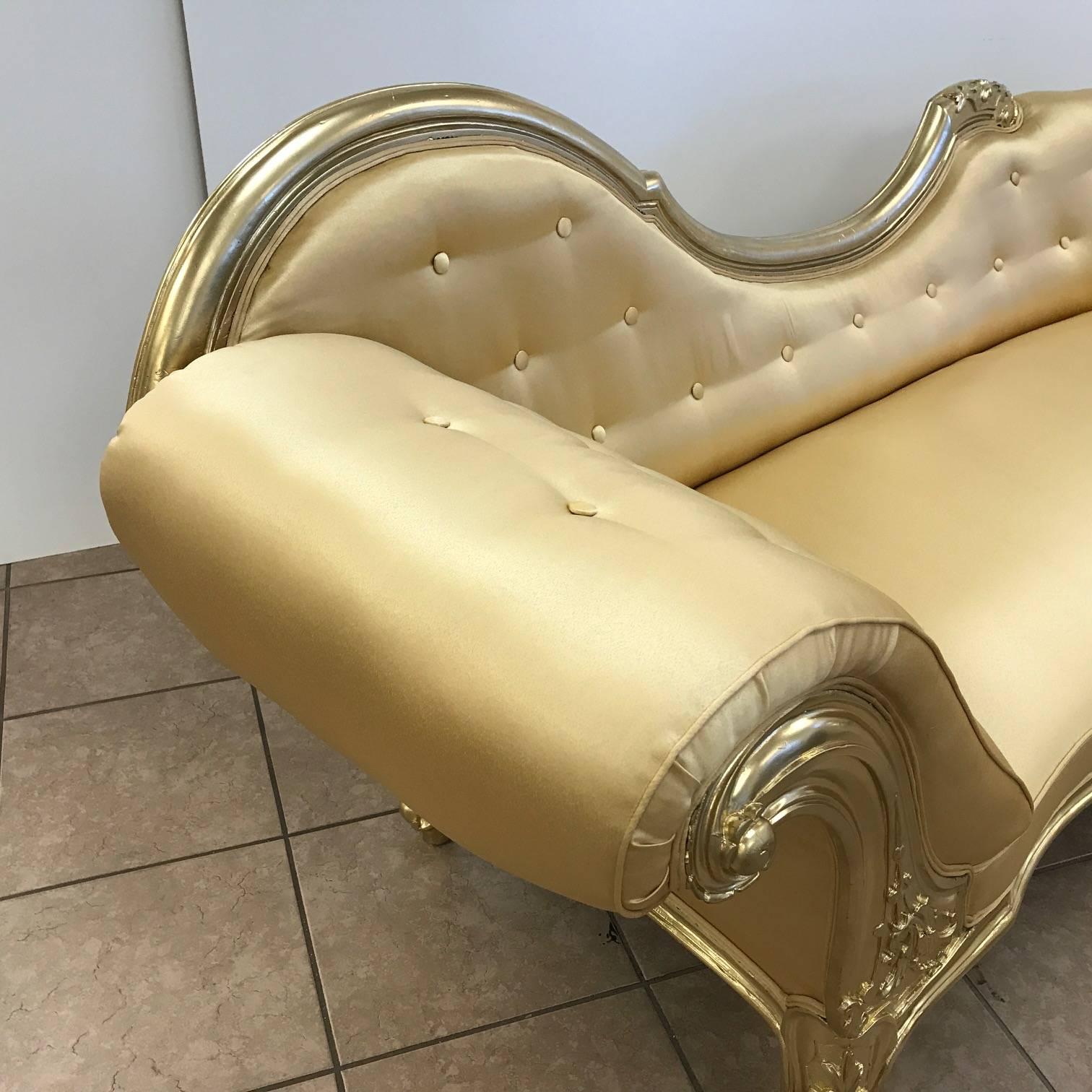 Late Victorian Victorian Chaise Lounge with Metallic Gold Finish Upholstered in Satin