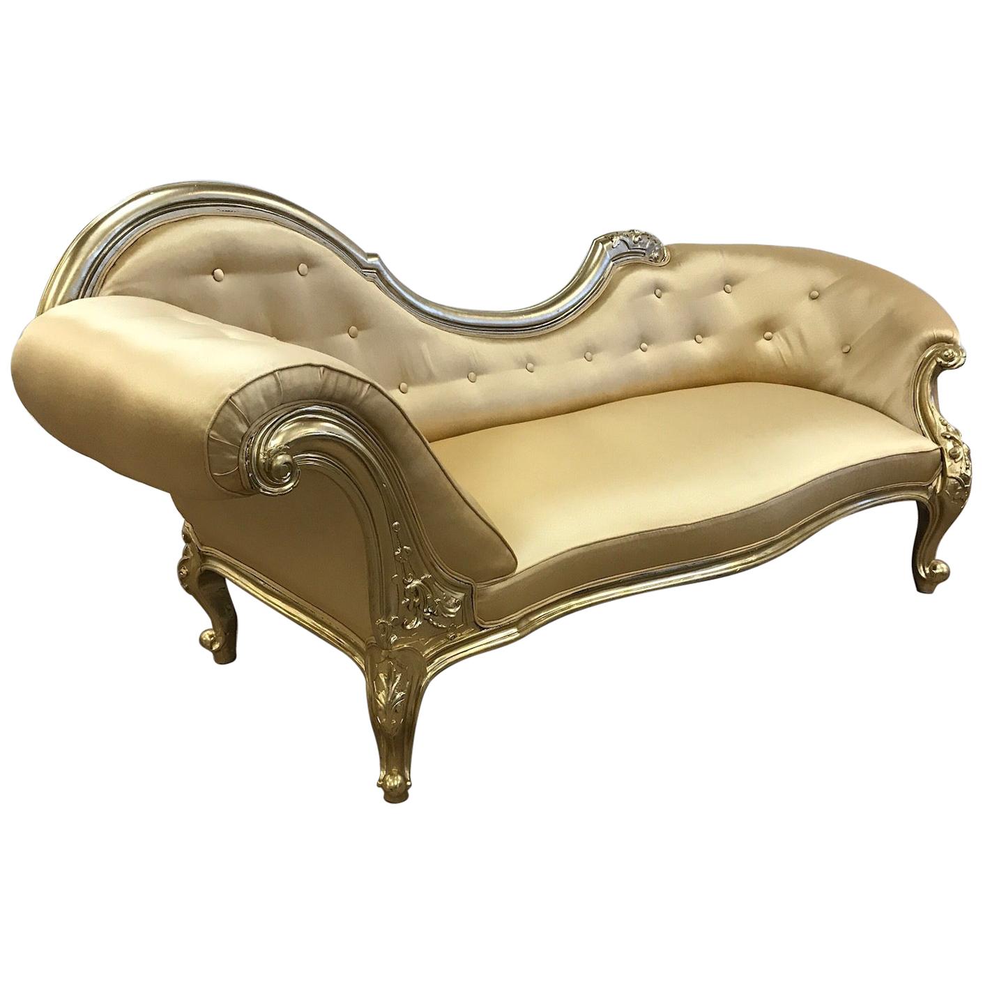 Victorian Chaise Lounge with Metallic Gold Finish Upholstered in Satin