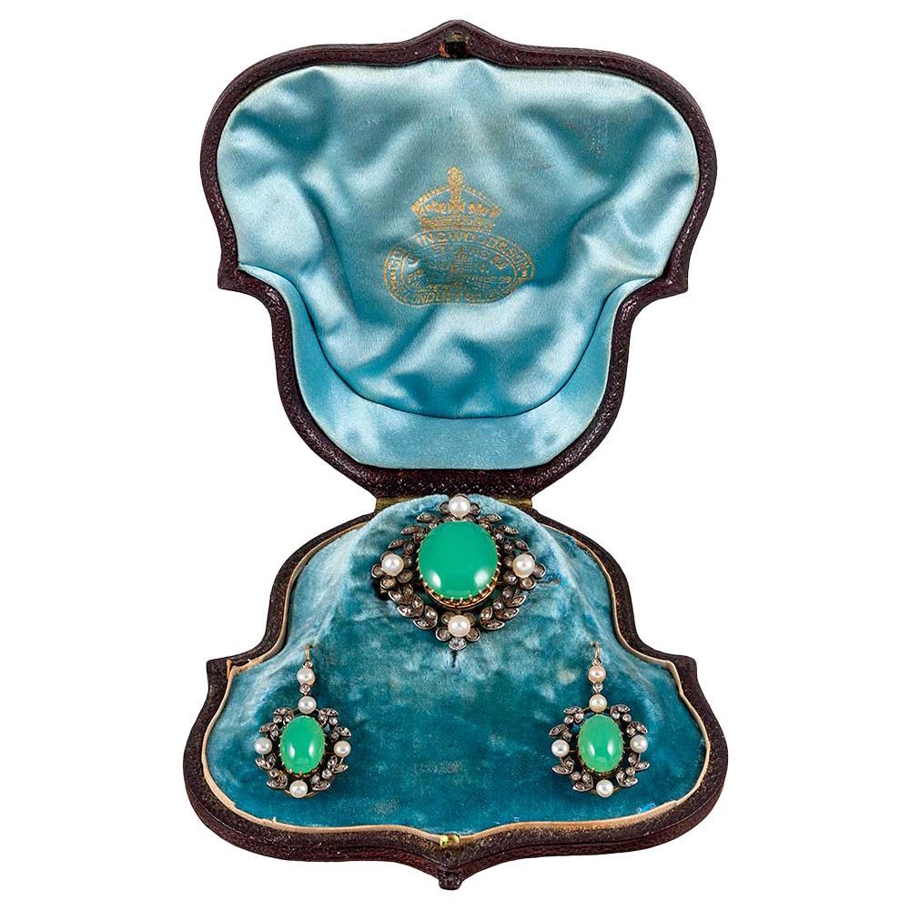 Victorian Chrysoprase, Diamond and Pearl Pin/Pendant and Earrings Suite
