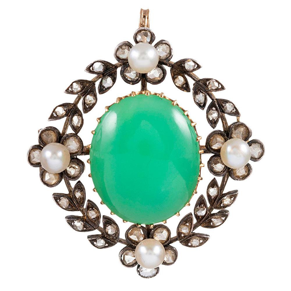Mixed Cut Victorian Chrysoprase, Diamond and Pearl Pin/Pendant and Earrings Suite