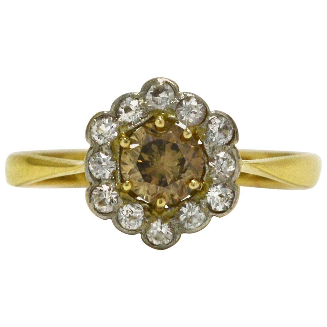Victorian Champagne Diamond Engagement Ring Antique Flower Cluster Halo Vintage