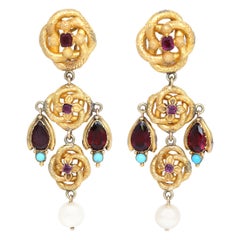 Victorian Chandelier Earrings 18 Karat Gold Garnet Pearls Turquoise
